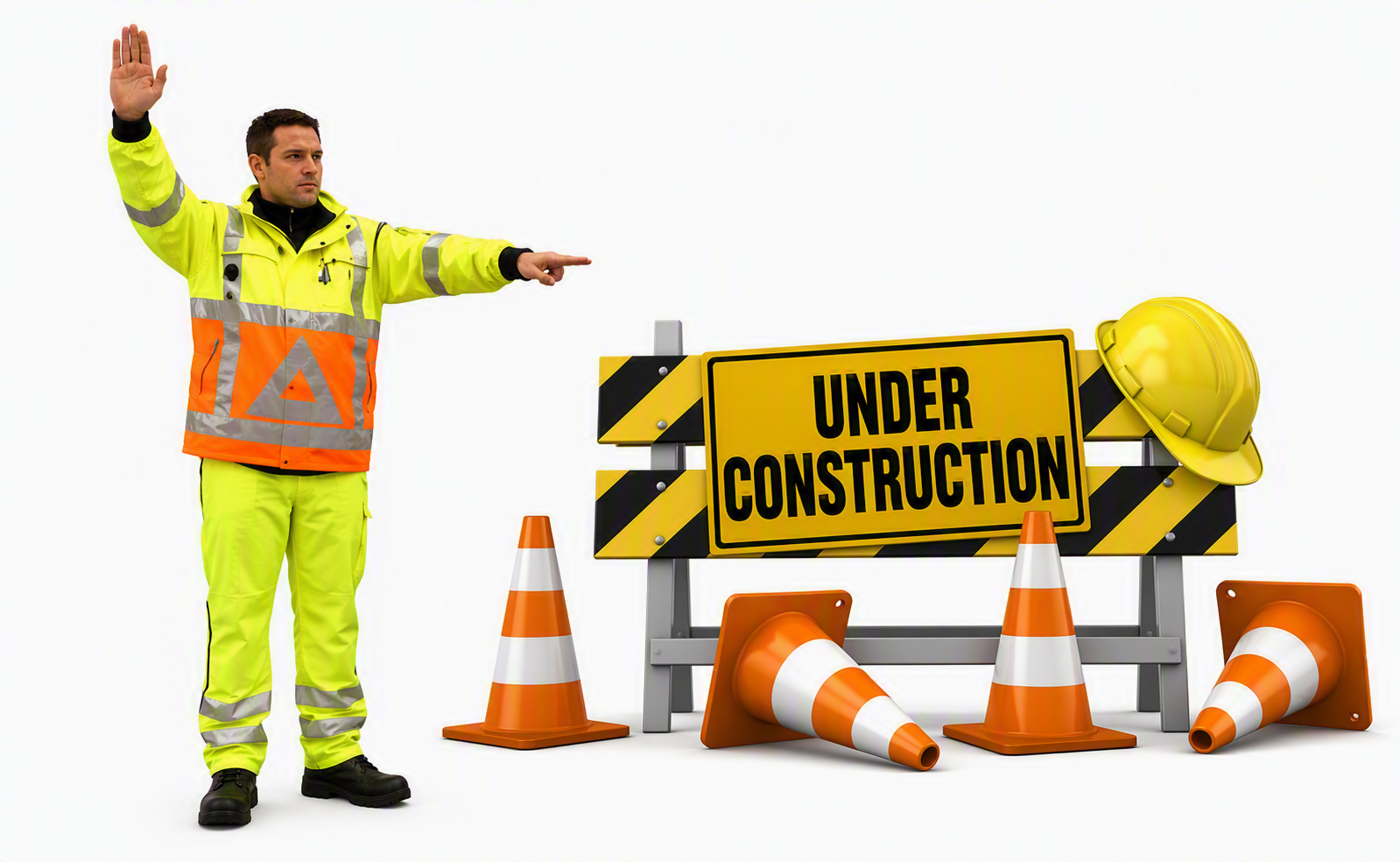 Verkeersregelaar naast een bord met de tekst Under construction
